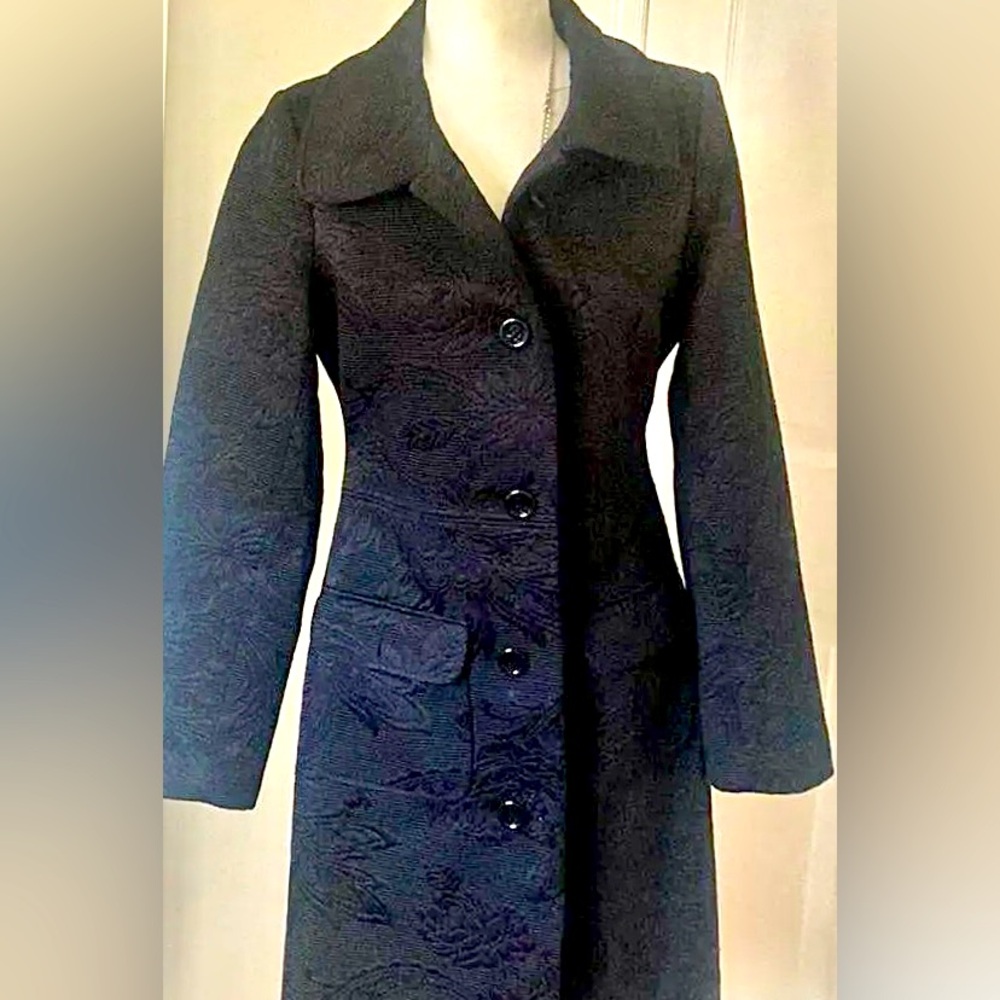 Arden B. Jacquard Damask Brocade Black Dress Coat